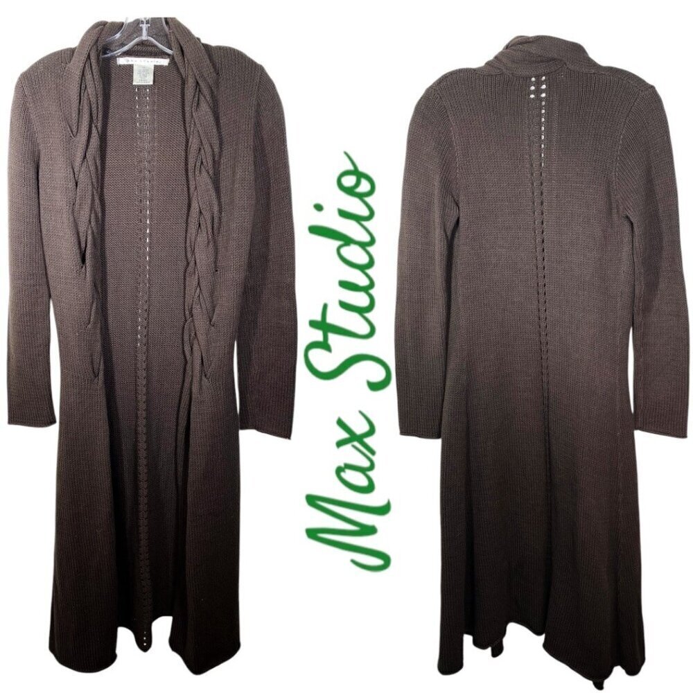 NWOT MAX STUDIO Open Cardigan Sweater Duster Chocolate Brown Shawl Collar, XS